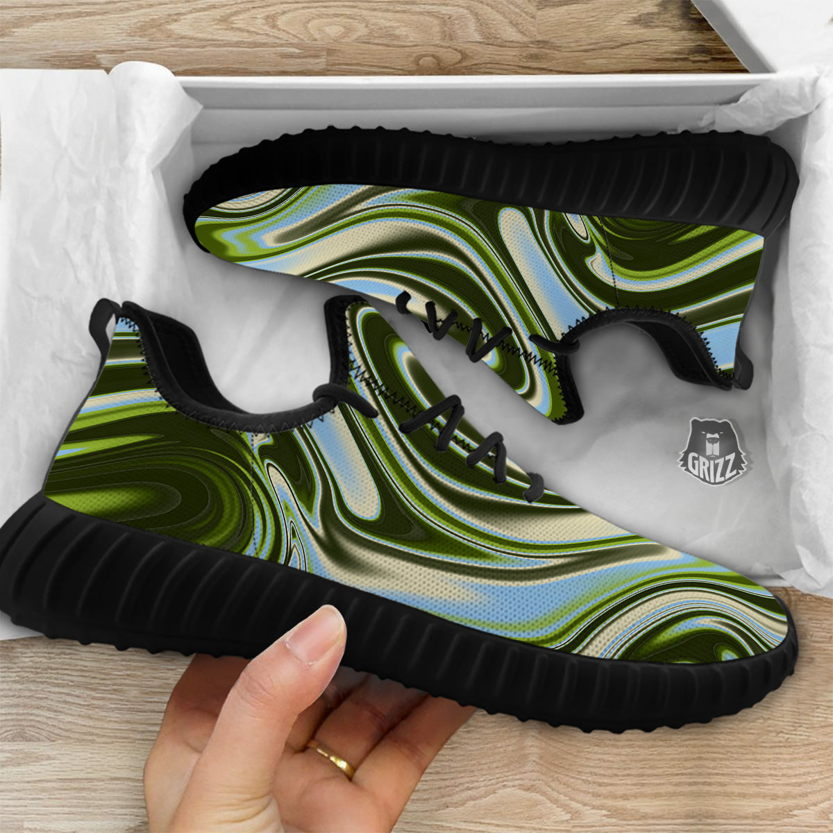 Acid Melt Green Print Black Walking Shoes-grizzshop