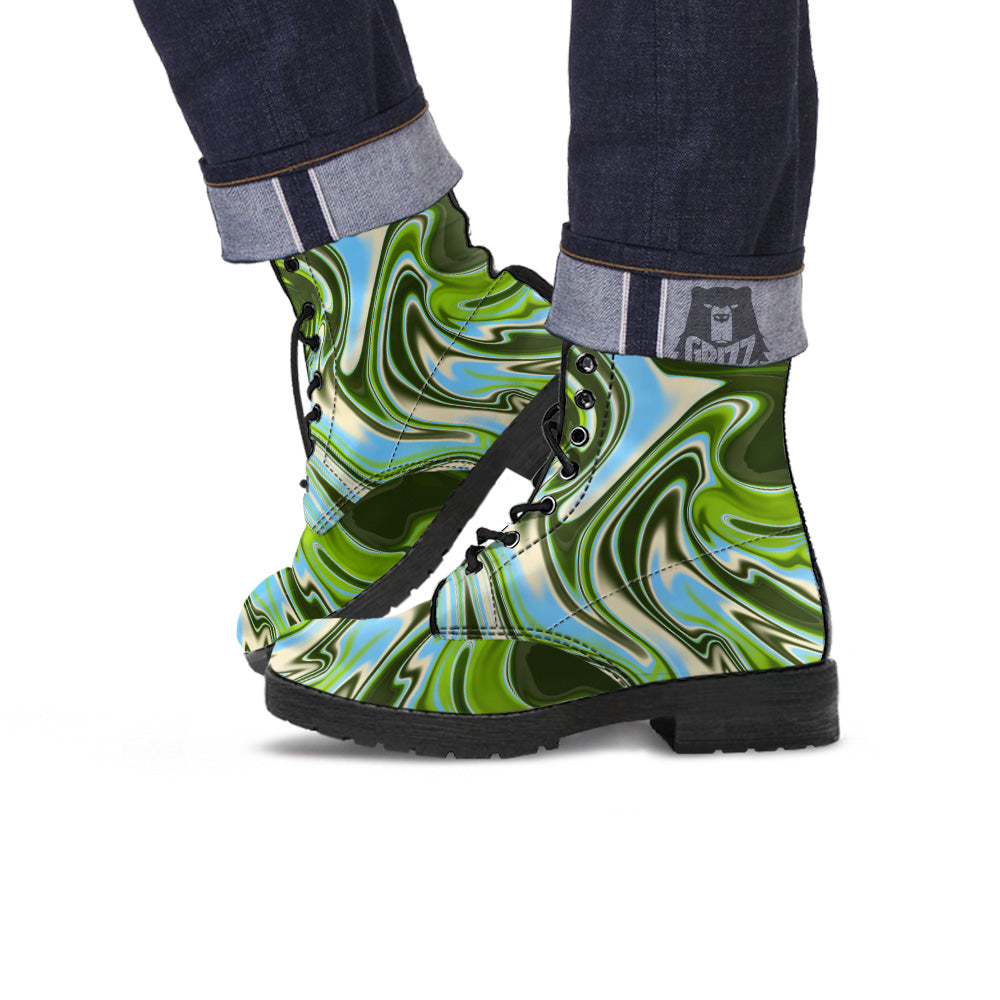 Acid Melt Green Print Leather Boots-grizzshop