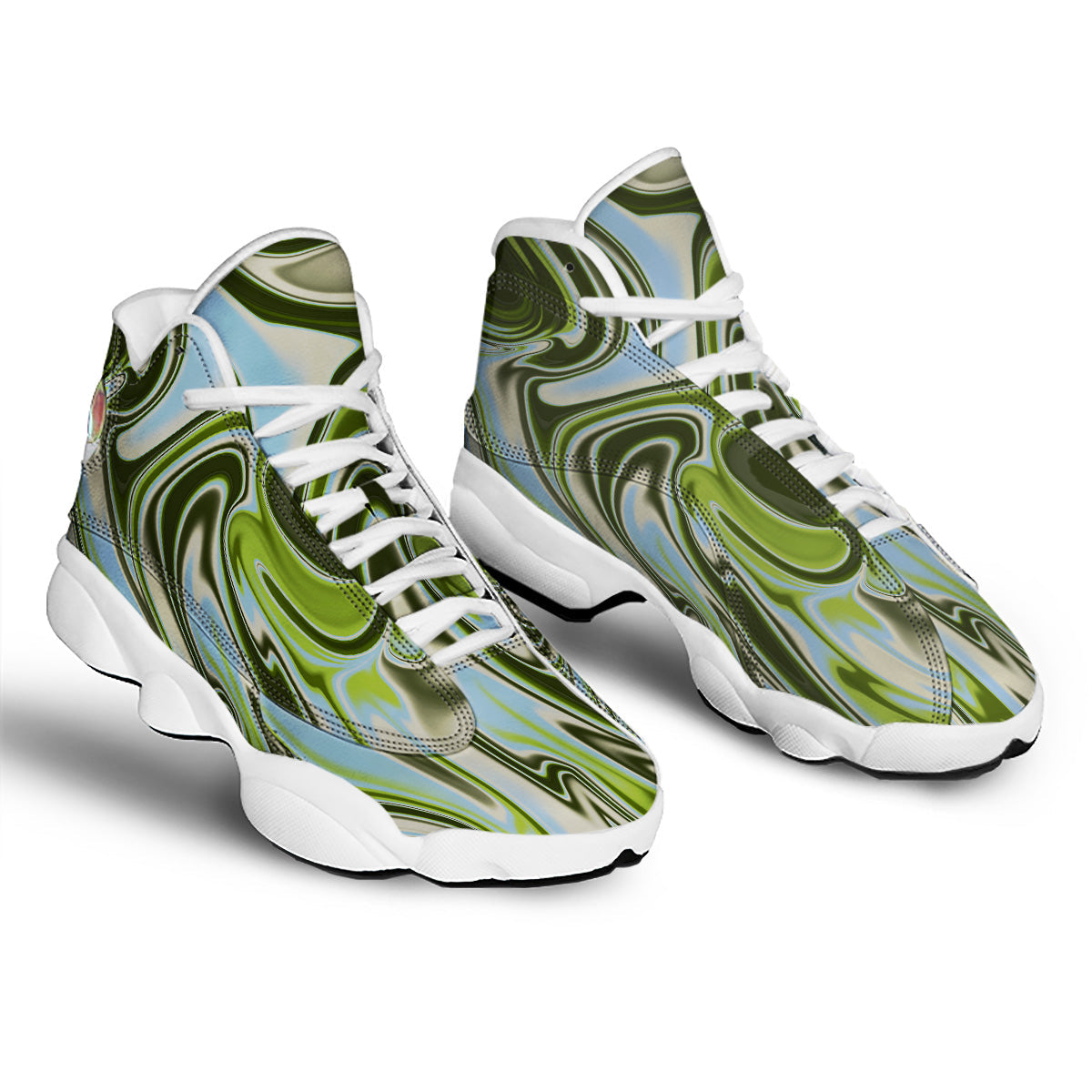 Acid Melt Green Print White Basketball Shoes-grizzshop