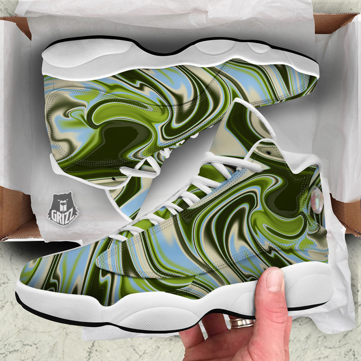 Acid Melt Green Print White Basketball Shoes-grizzshop
