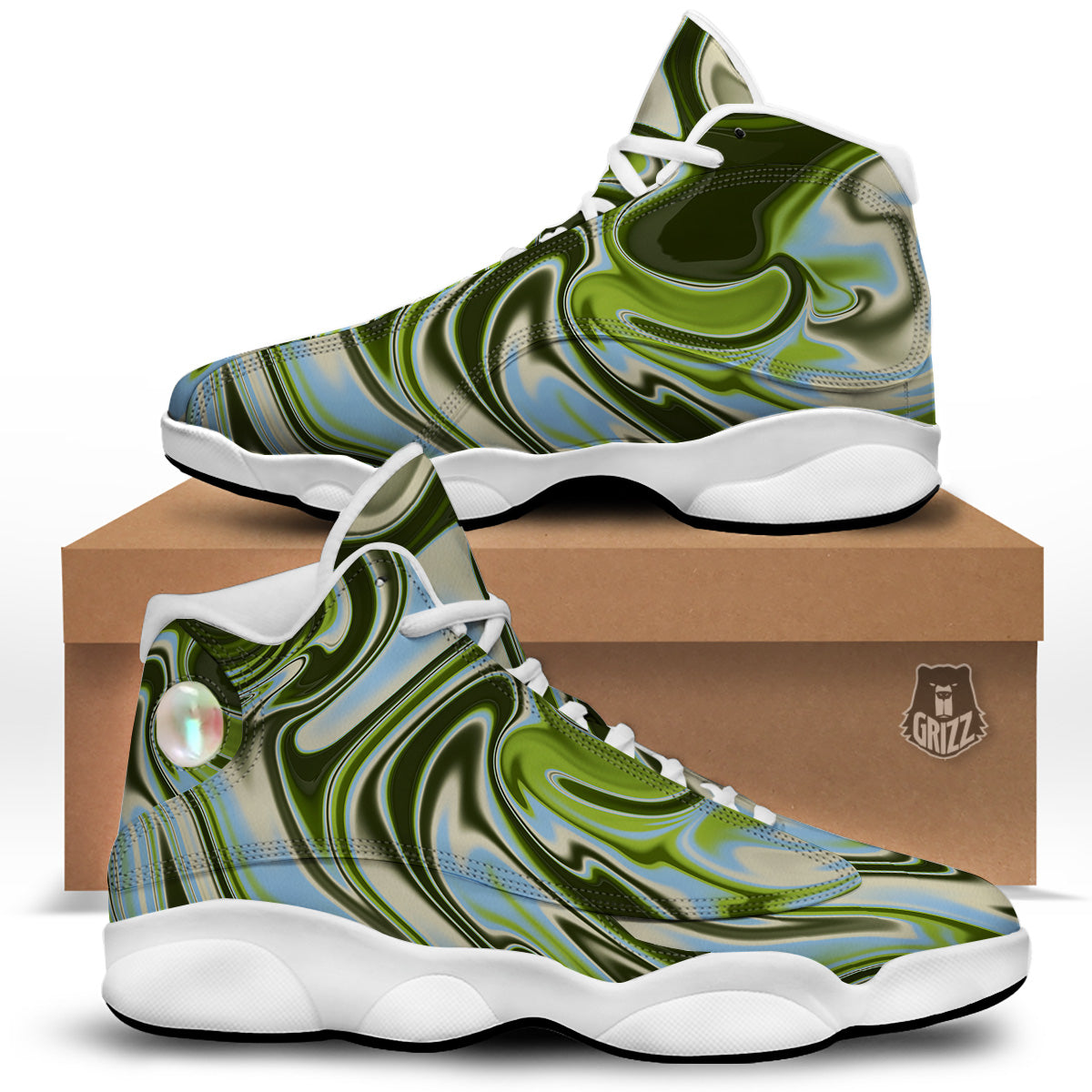 Acid Melt Green Print White Basketball Shoes-grizzshop