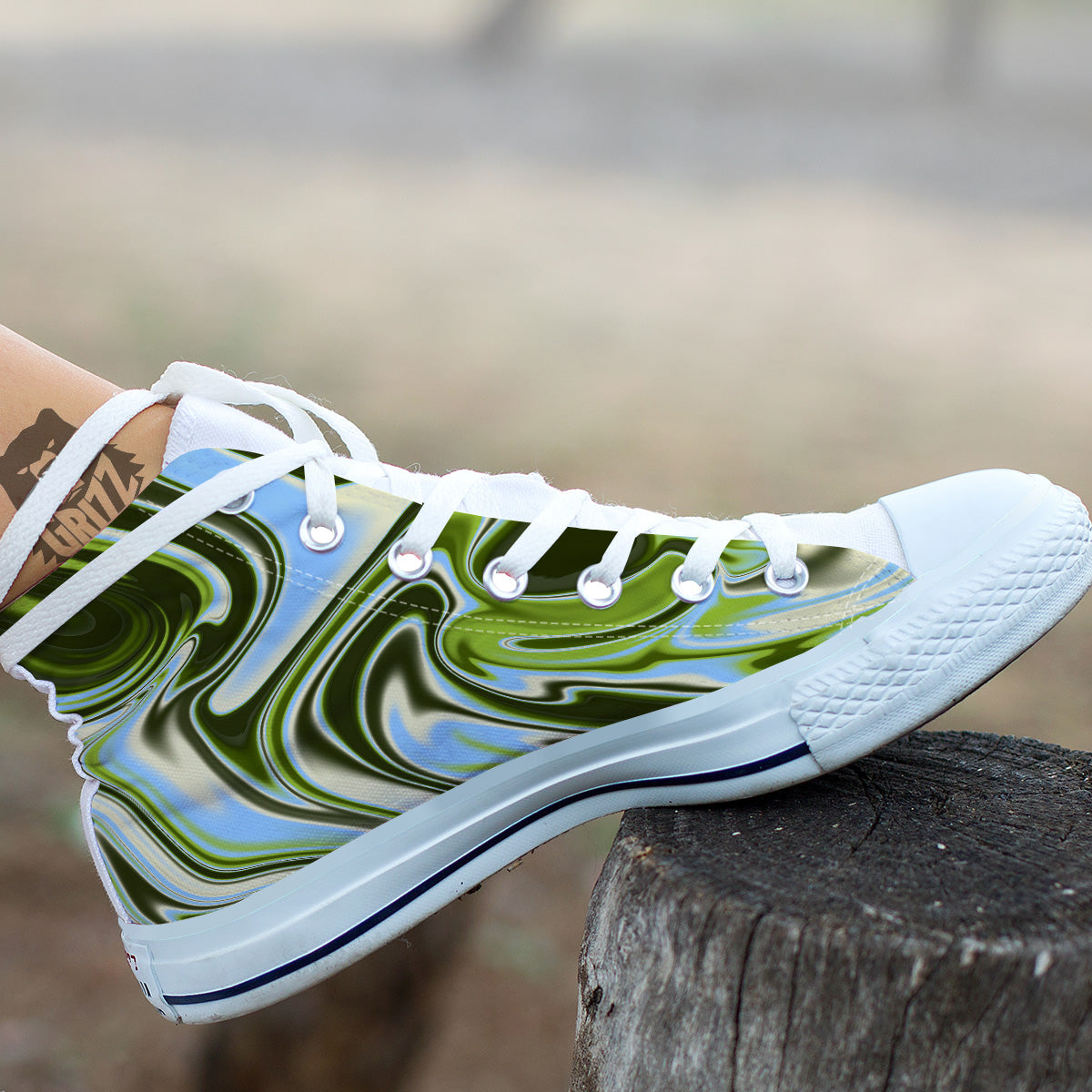 Acid Melt Green Print White High Top Shoes-grizzshop