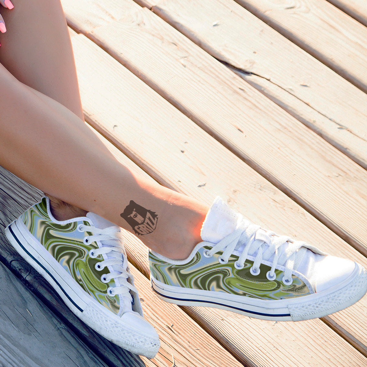Acid Melt Green Print White Low Top Shoes-grizzshop
