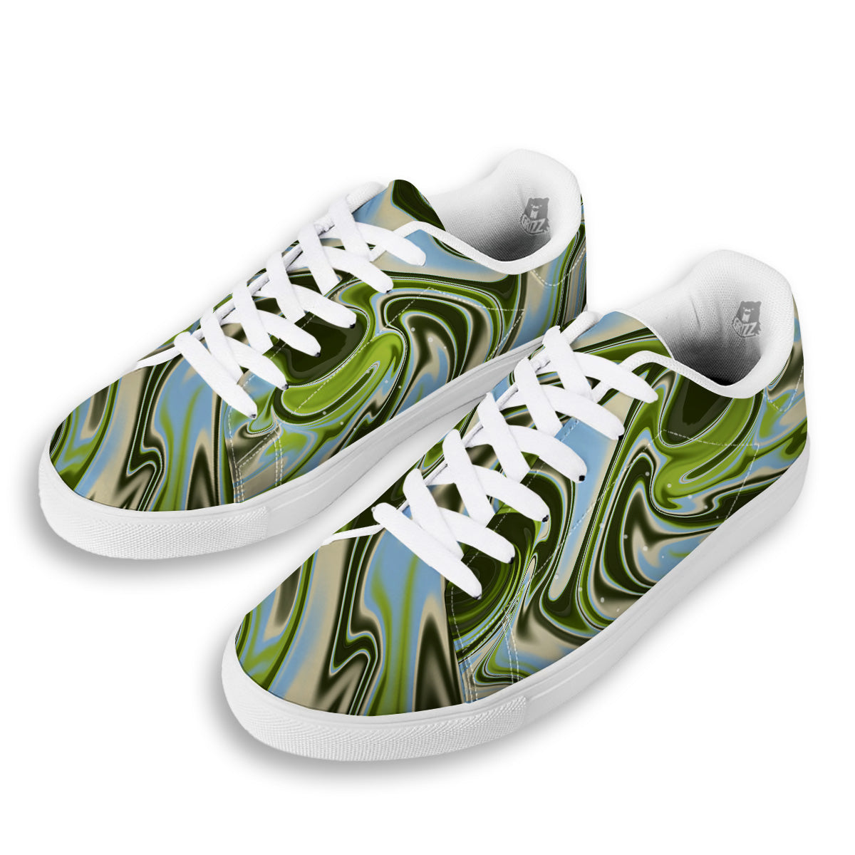 Acid Melt Green Print White Low Top Sneakers-grizzshop