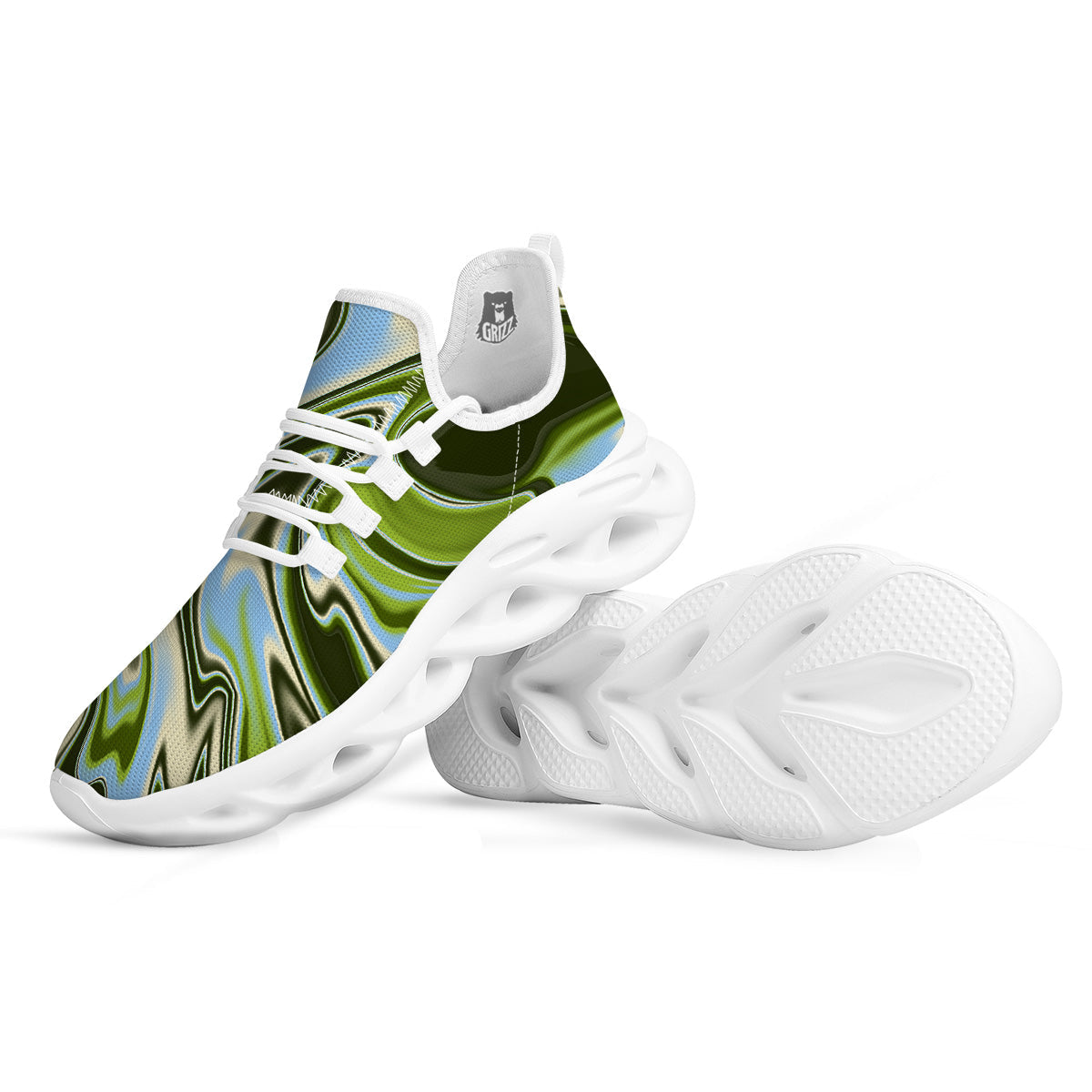 Acid Melt Green Print White Running Shoes-grizzshop