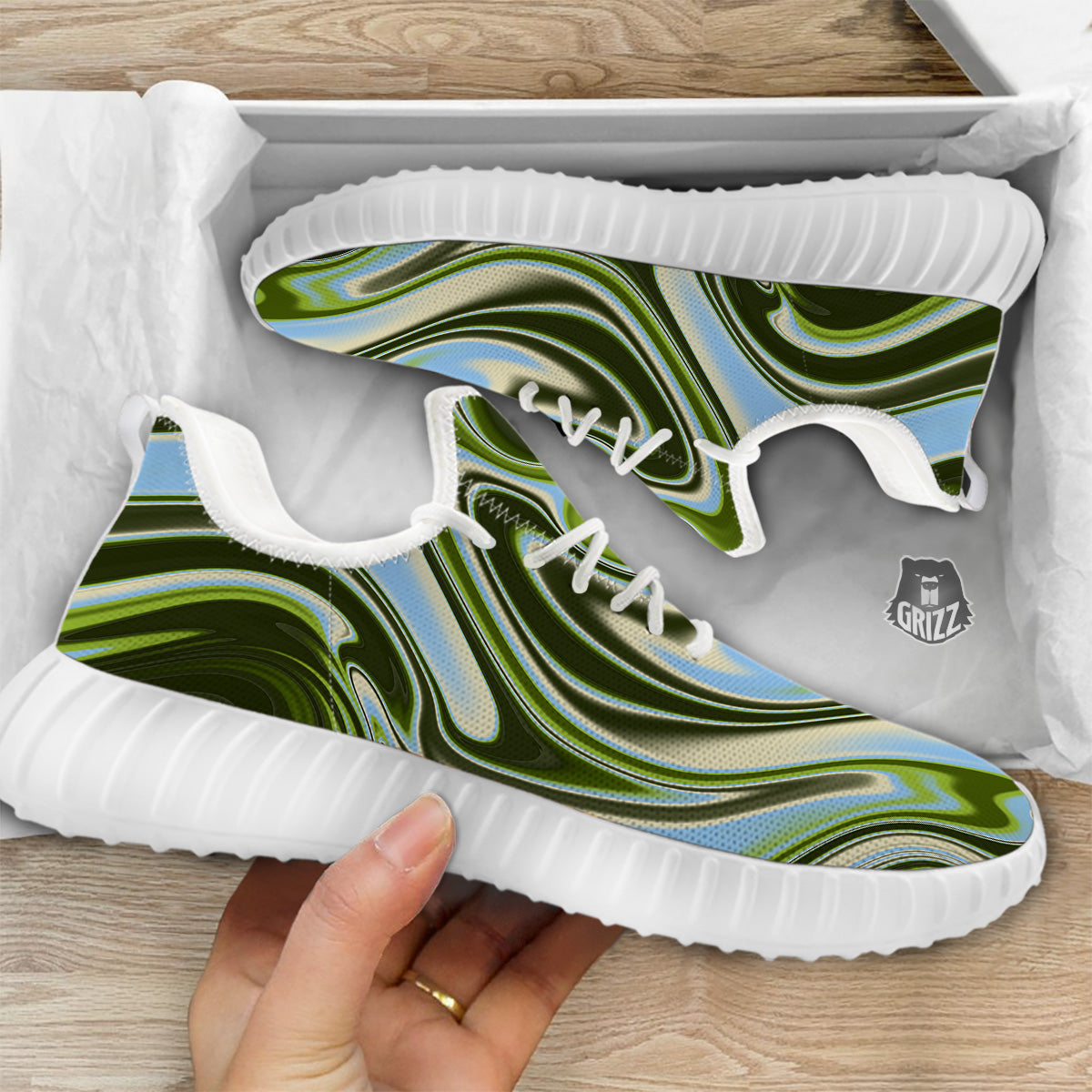Acid Melt Green Print White Walking Shoes-grizzshop