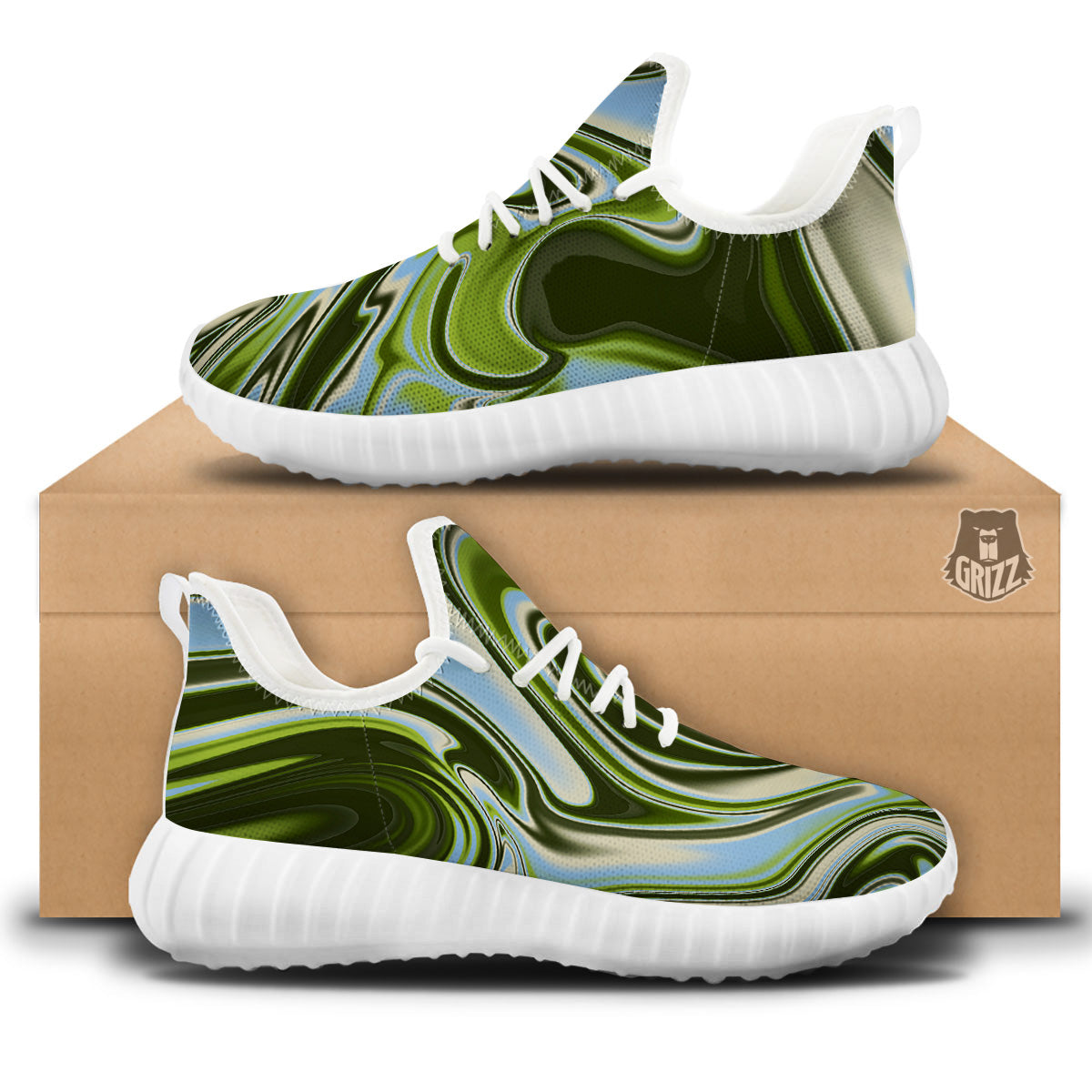Acid Melt Green Print White Walking Shoes-grizzshop