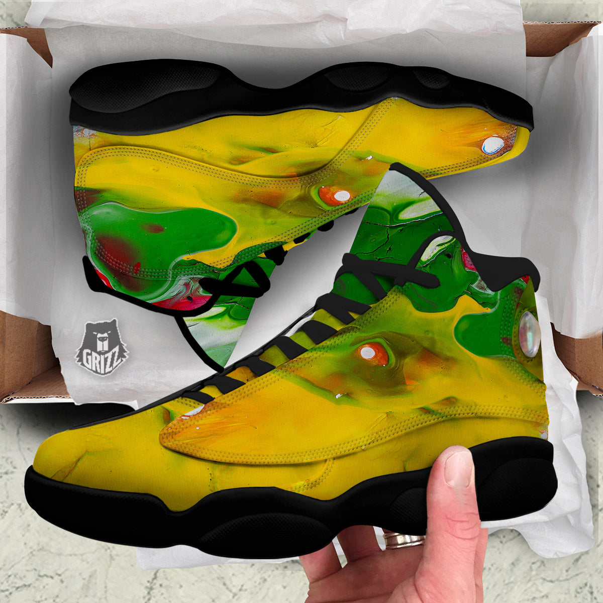 Acid Melt Yellow And Green Print Black Basketball Shoes-grizzshop