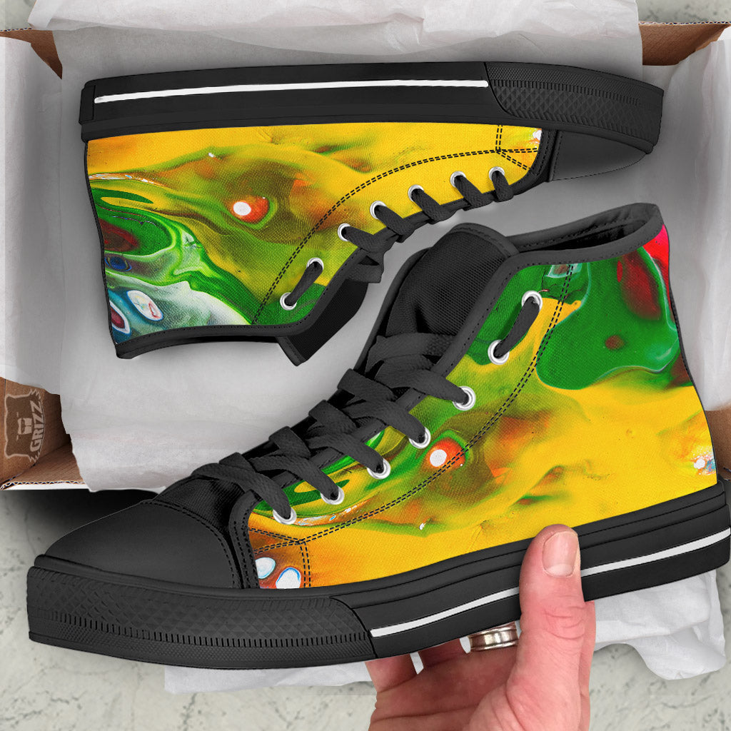 Acid Melt Yellow And Green Print Black High Top Shoes-grizzshop