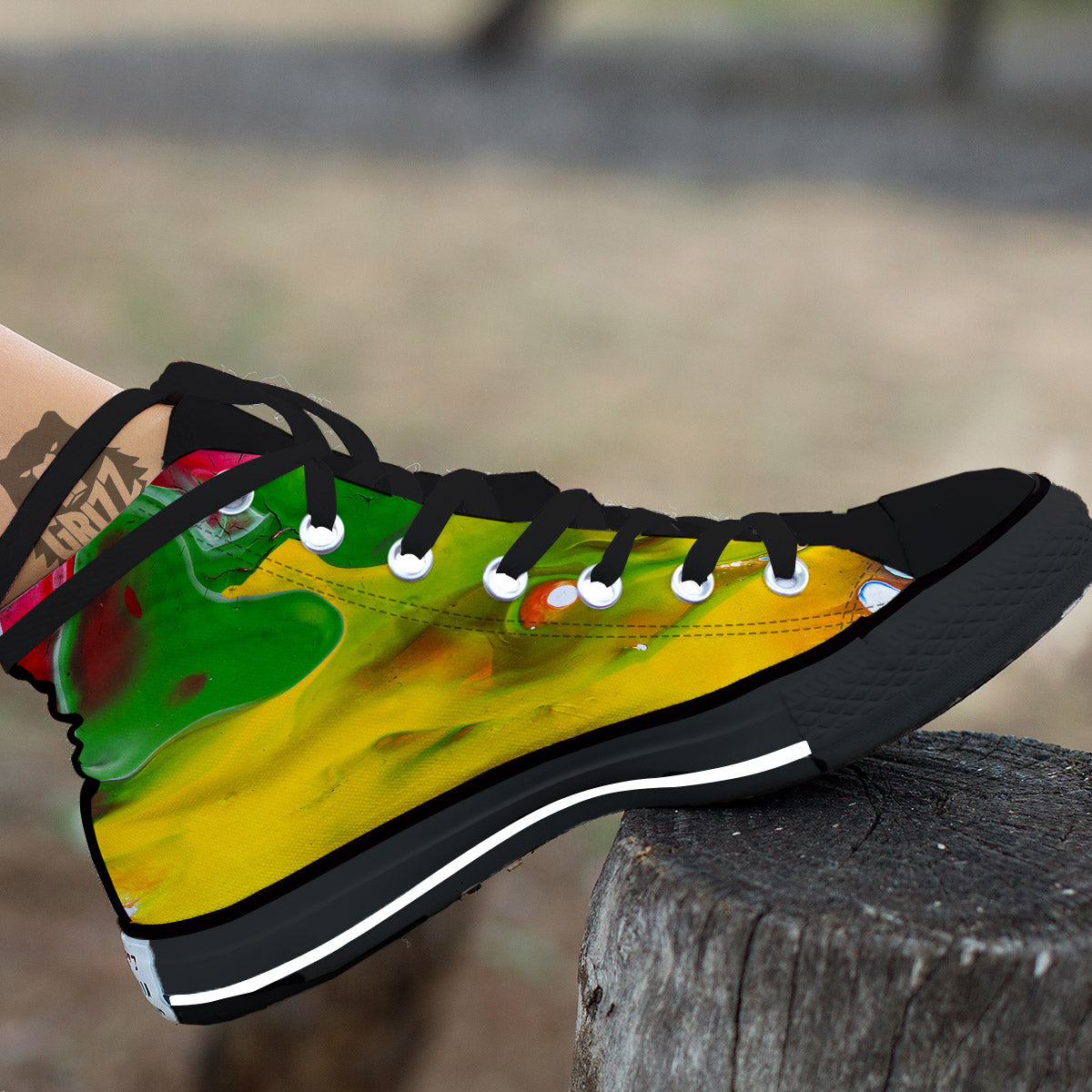 Acid Melt Yellow And Green Print Black High Top Shoes-grizzshop