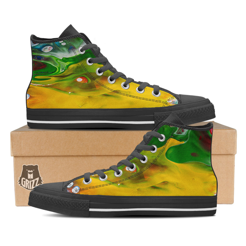 Acid Melt Yellow And Green Print Black High Top Shoes-grizzshop