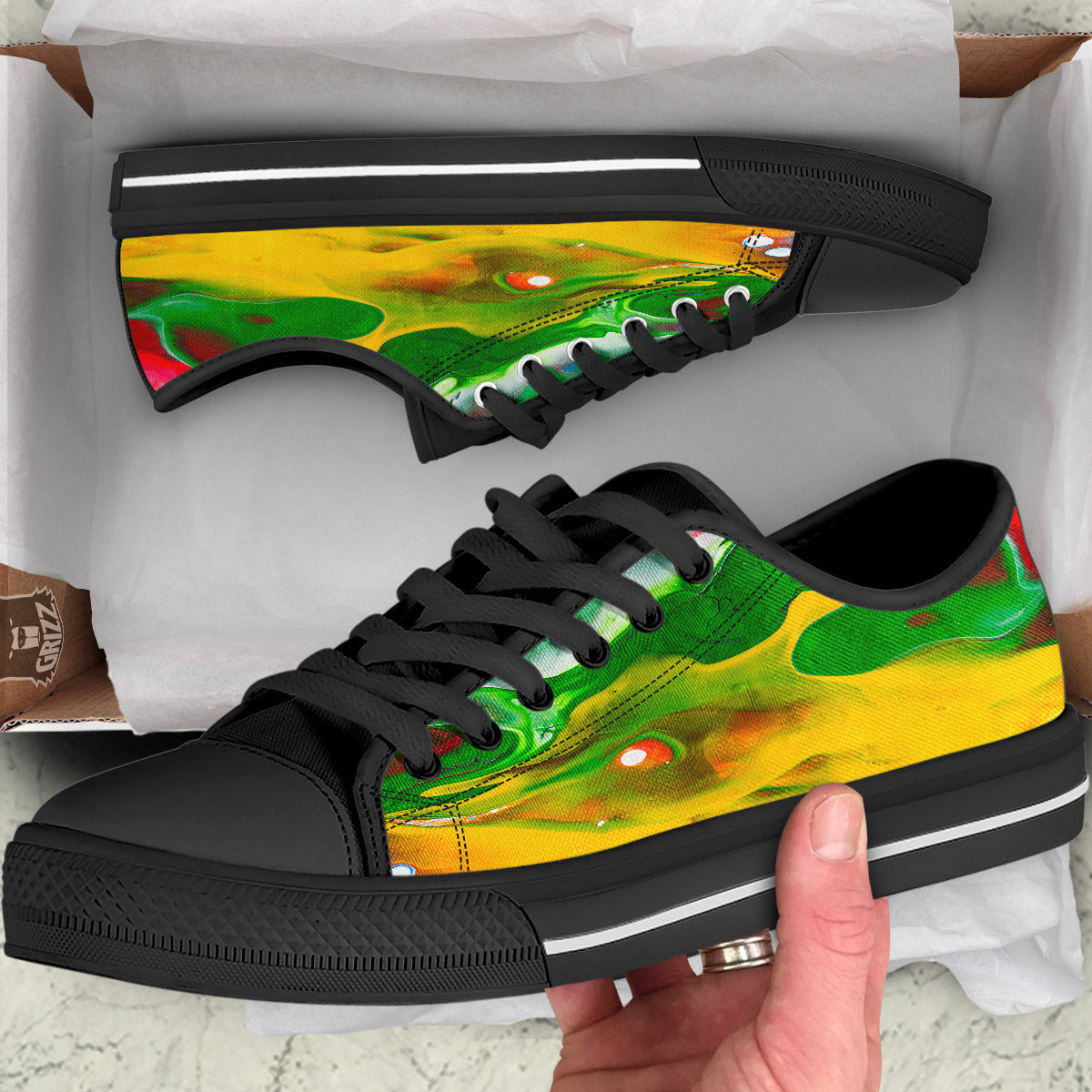 Acid Melt Yellow And Green Print Black Low Top Shoes-grizzshop
