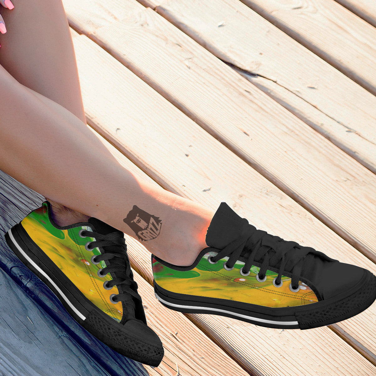 Acid Melt Yellow And Green Print Black Low Top Shoes-grizzshop