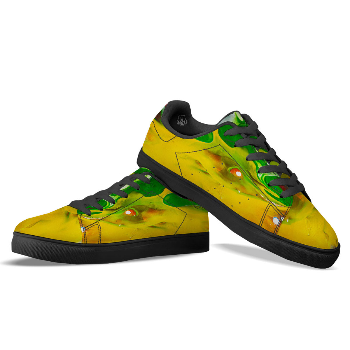 Acid Melt Yellow And Green Print Black Low Top Sneakers-grizzshop
