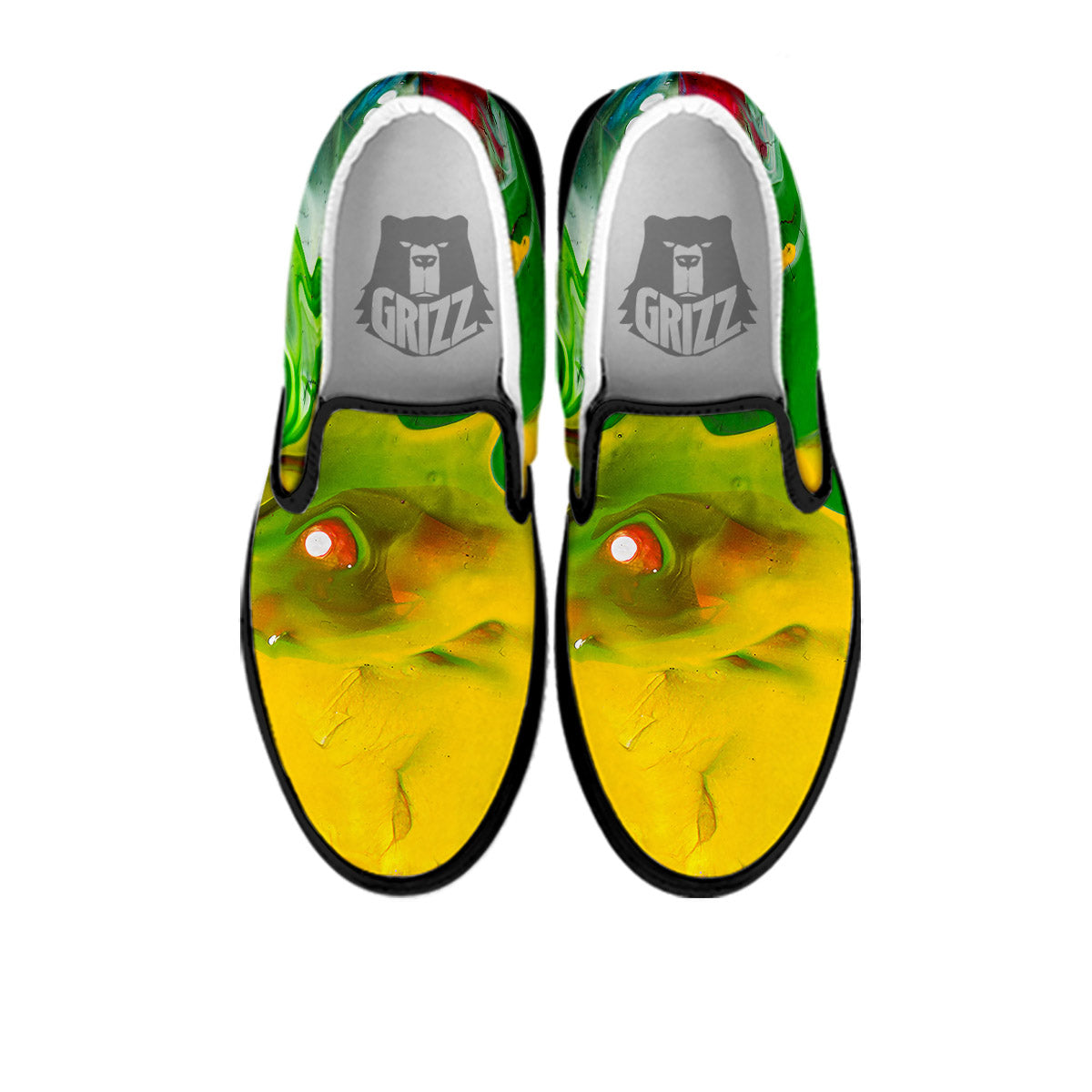Acid Melt Yellow And Green Print Black Slip On Shoes-grizzshop