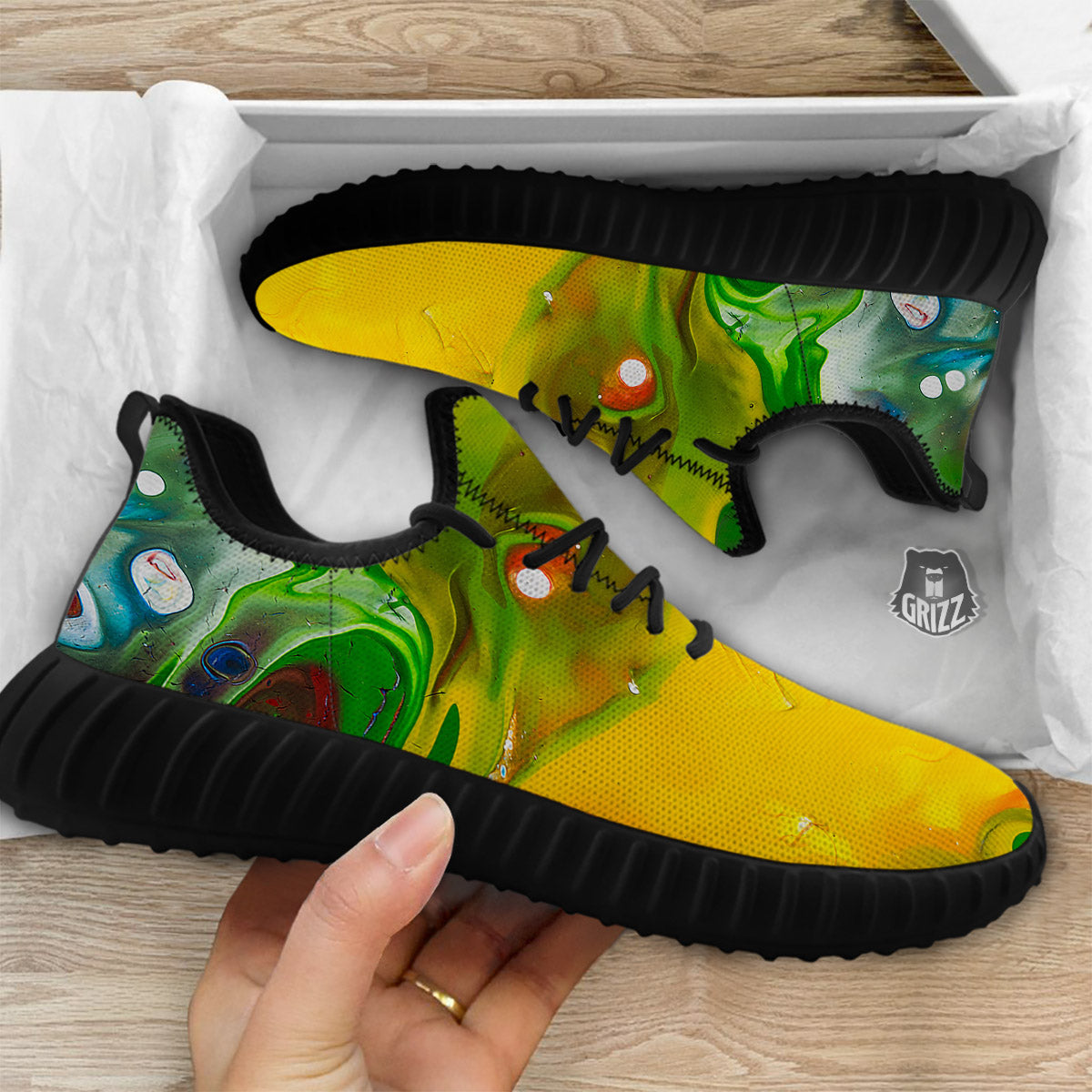 Acid Melt Yellow And Green Print Black Walking Shoes-grizzshop