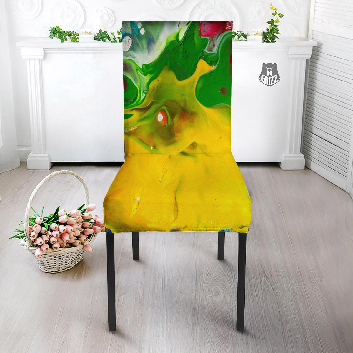 Acid Melt Yellow And Green Print Dining Chair Slipcover-grizzshop