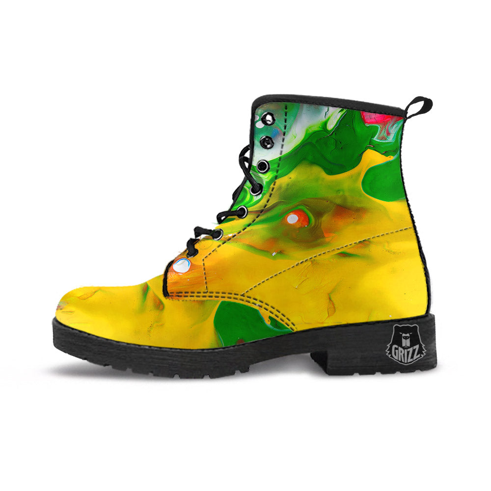 Acid Melt Yellow And Green Print Leather Boots-grizzshop
