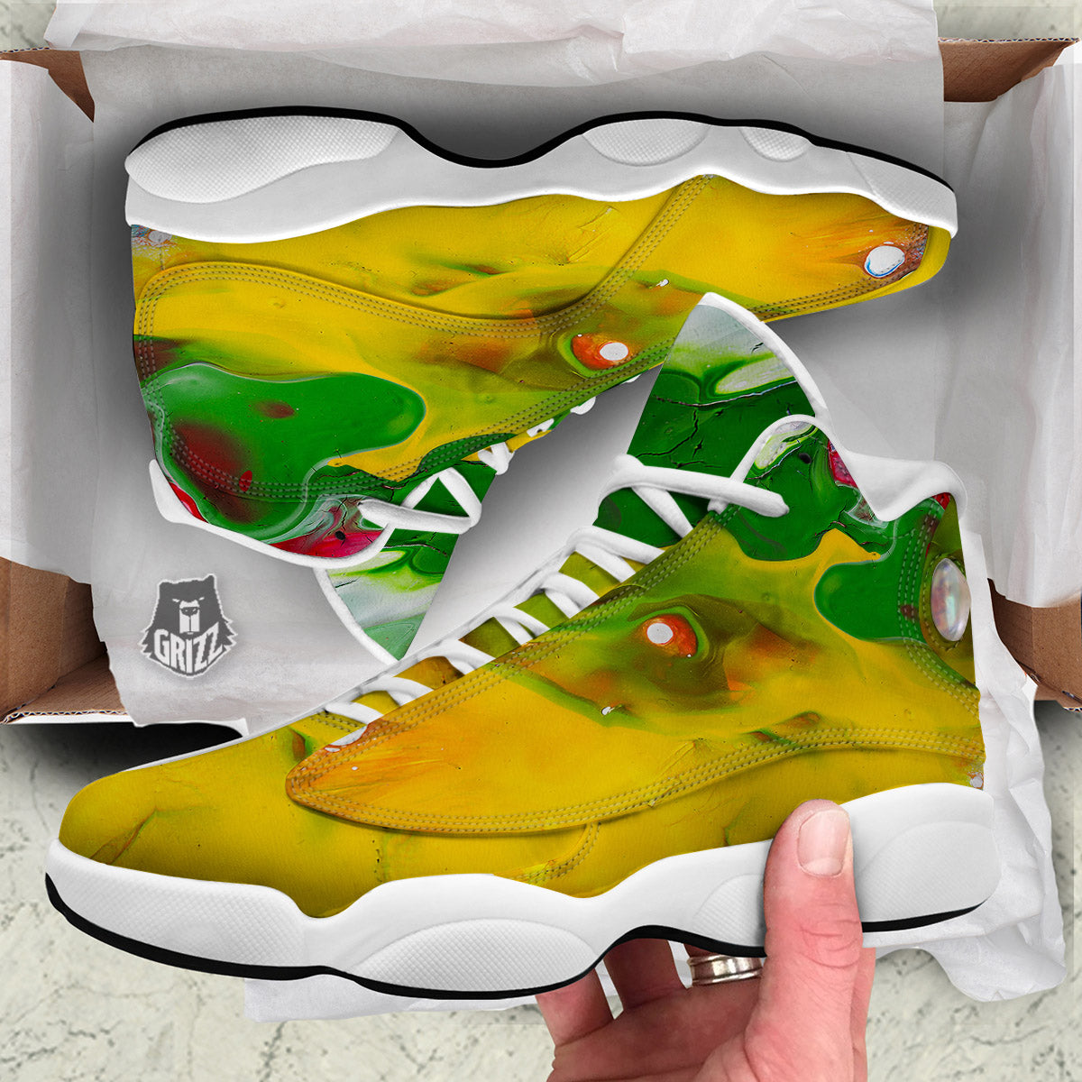 Acid Melt Yellow And Green Print White Basketball Shoes-grizzshop