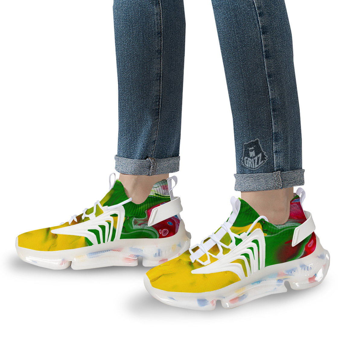 Acid Melt Yellow And Green Print White Gym Shoes-grizzshop