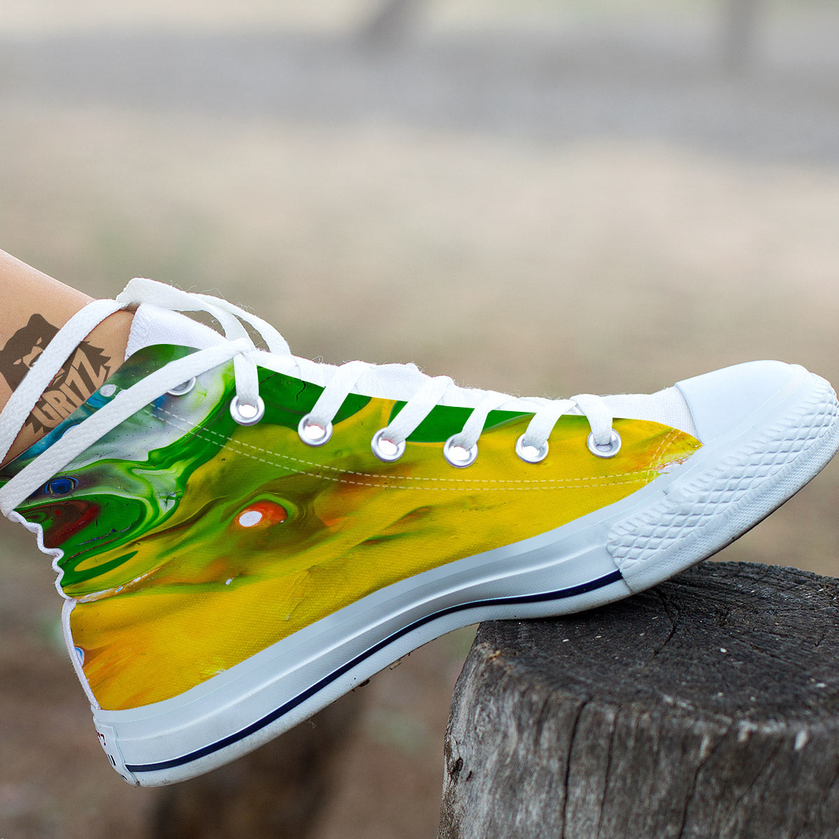 Acid Melt Yellow And Green Print White High Top Shoes-grizzshop