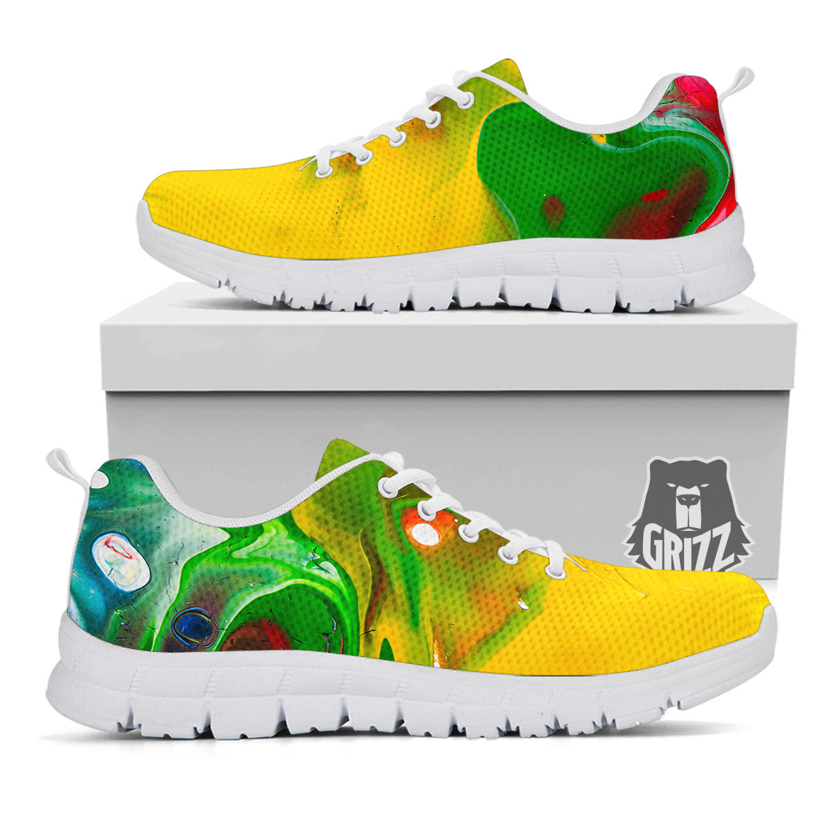 Acid Melt Yellow And Green Print White Sneaker-grizzshop
