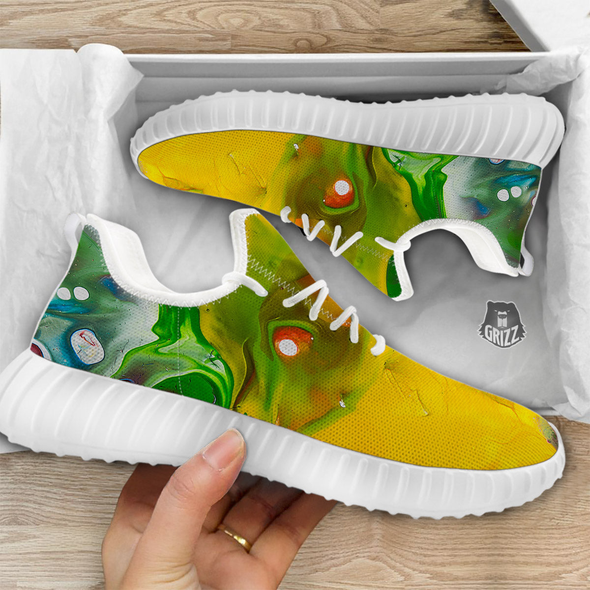 Acid Melt Yellow And Green Print White Walking Shoes-grizzshop