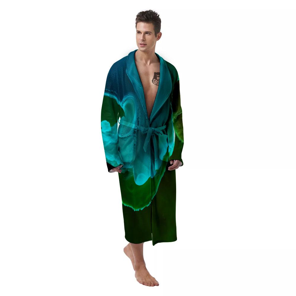 Acid Melt Green And Turquoise Print Men's Robe-grizzshop