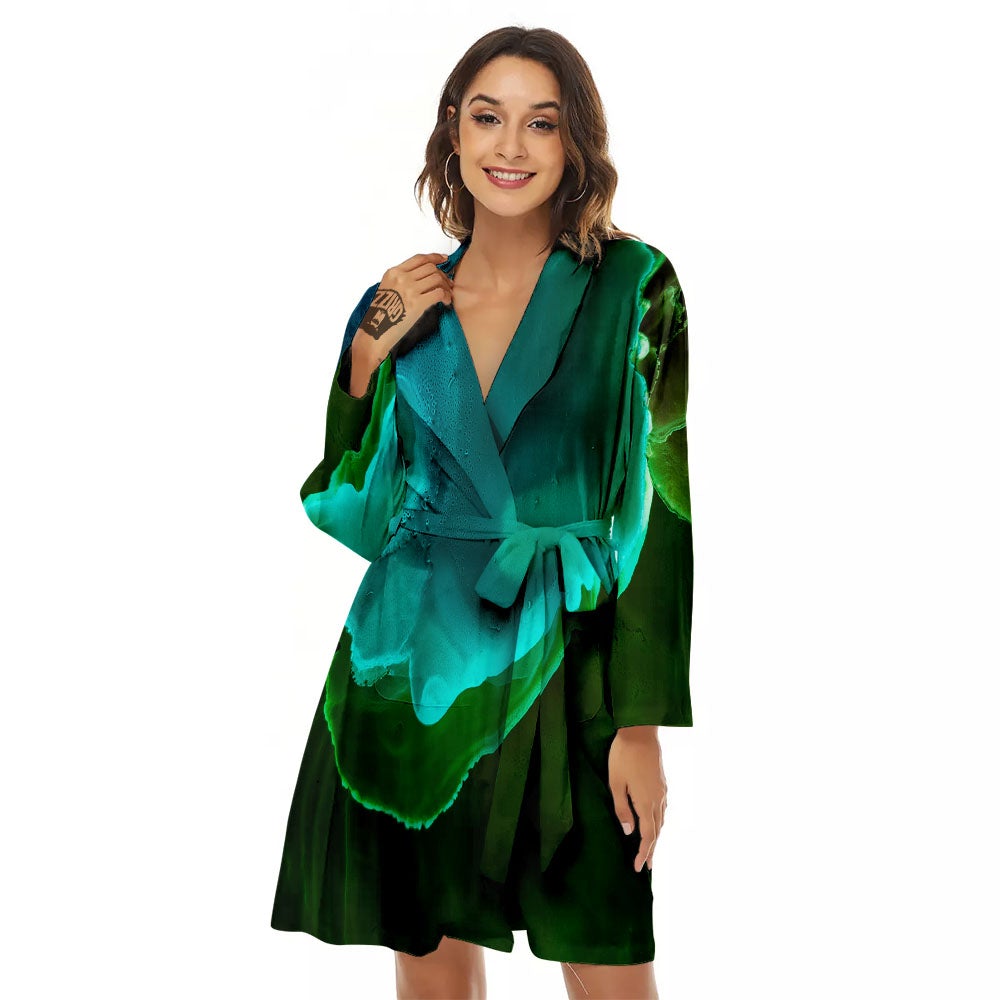 Acid Melt Green And Turquoise Print Women's Robe-grizzshop