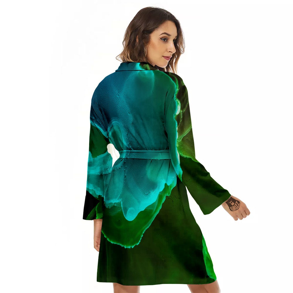 Acid Melt Green And Turquoise Print Women's Robe-grizzshop