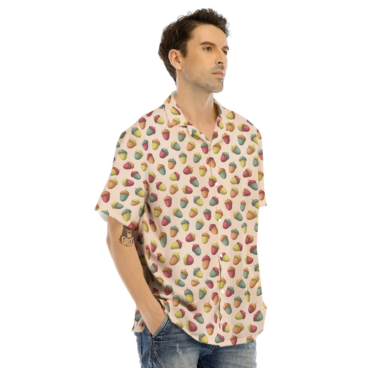 Acorn Beige Color Print Pattern Men's Hawaiian Shirt-grizzshop
