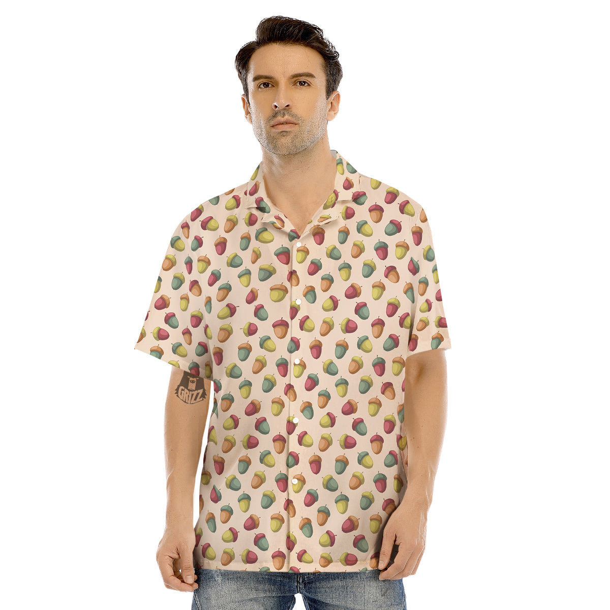 Acorn Beige Color Print Pattern Men's Hawaiian Shirt-grizzshop