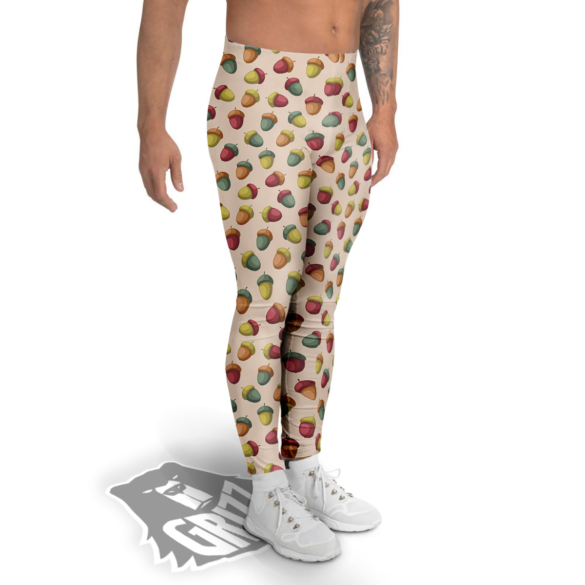 Acorn Beige Color Print Pattern Men's Leggings-grizzshop