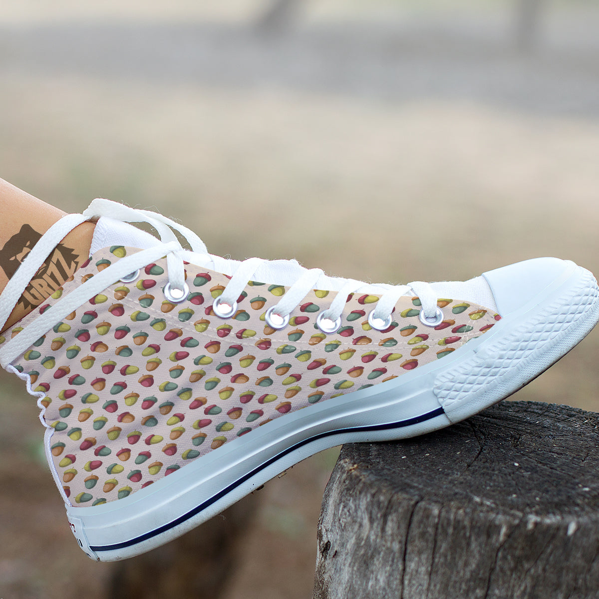 Acorn Beige Color Print Pattern White High Top Shoes-grizzshop
