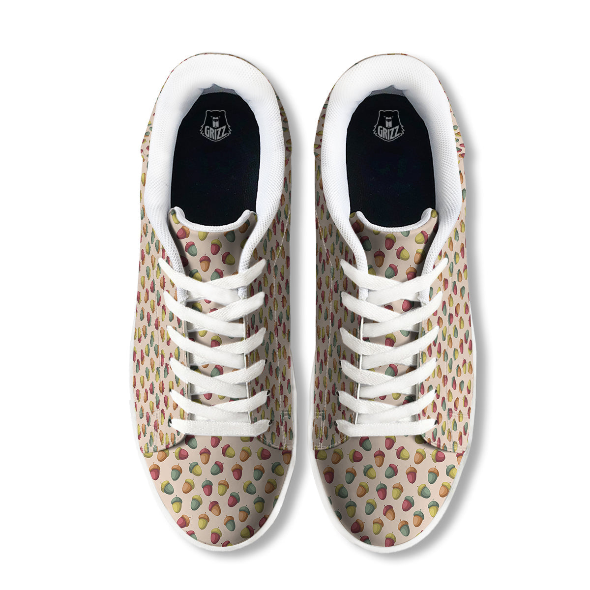 Acorn Beige Color Print Pattern White Low Top Sneakers-grizzshop