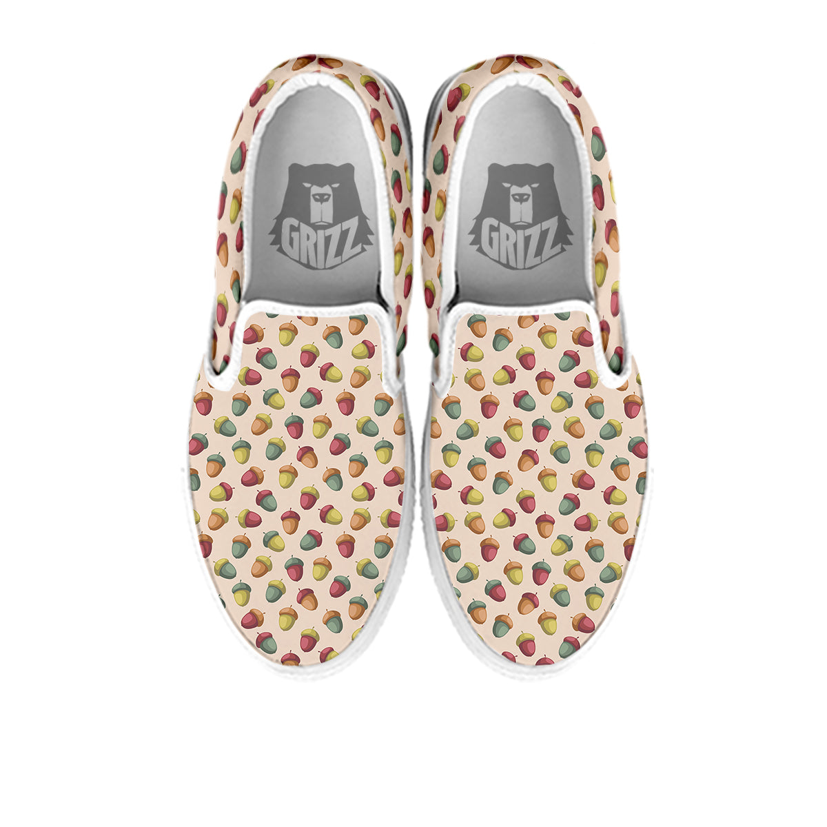 Acorn Beige Color Print Pattern White Slip On Shoes-grizzshop