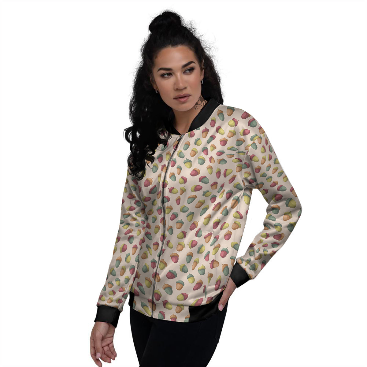 Acorn Beige Color Print Pattern Women's Bomber Jacket-grizzshop