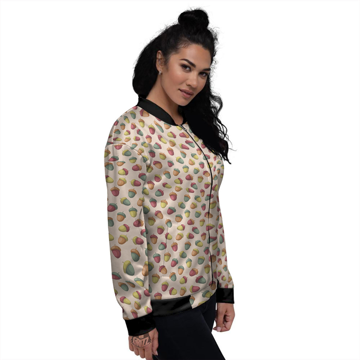 Acorn Beige Color Print Pattern Women's Bomber Jacket-grizzshop