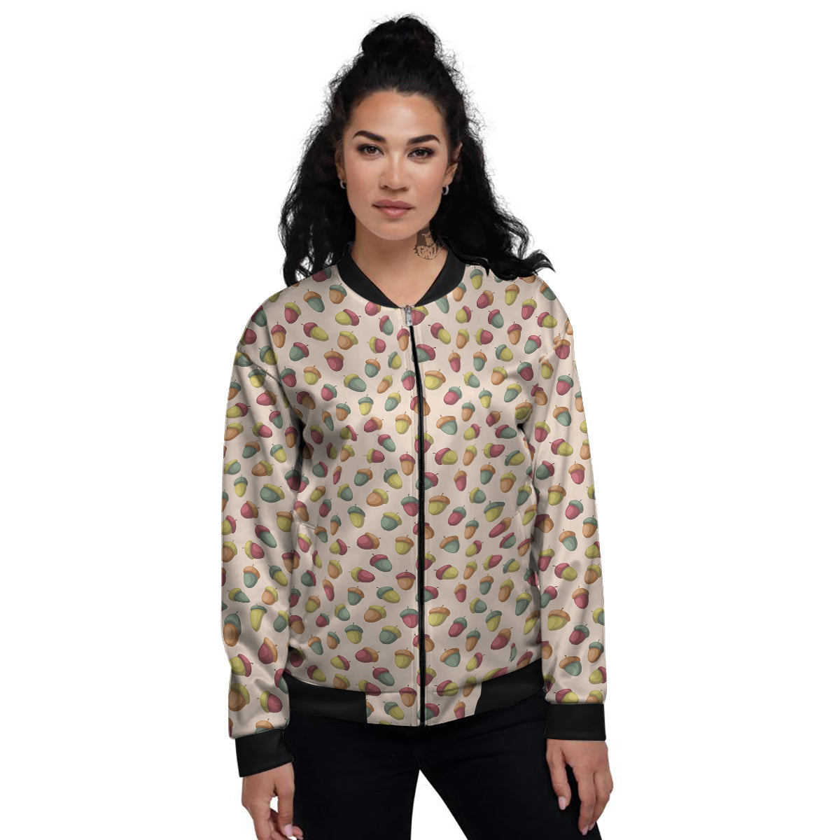 Acorn Beige Color Print Pattern Women's Bomber Jacket-grizzshop