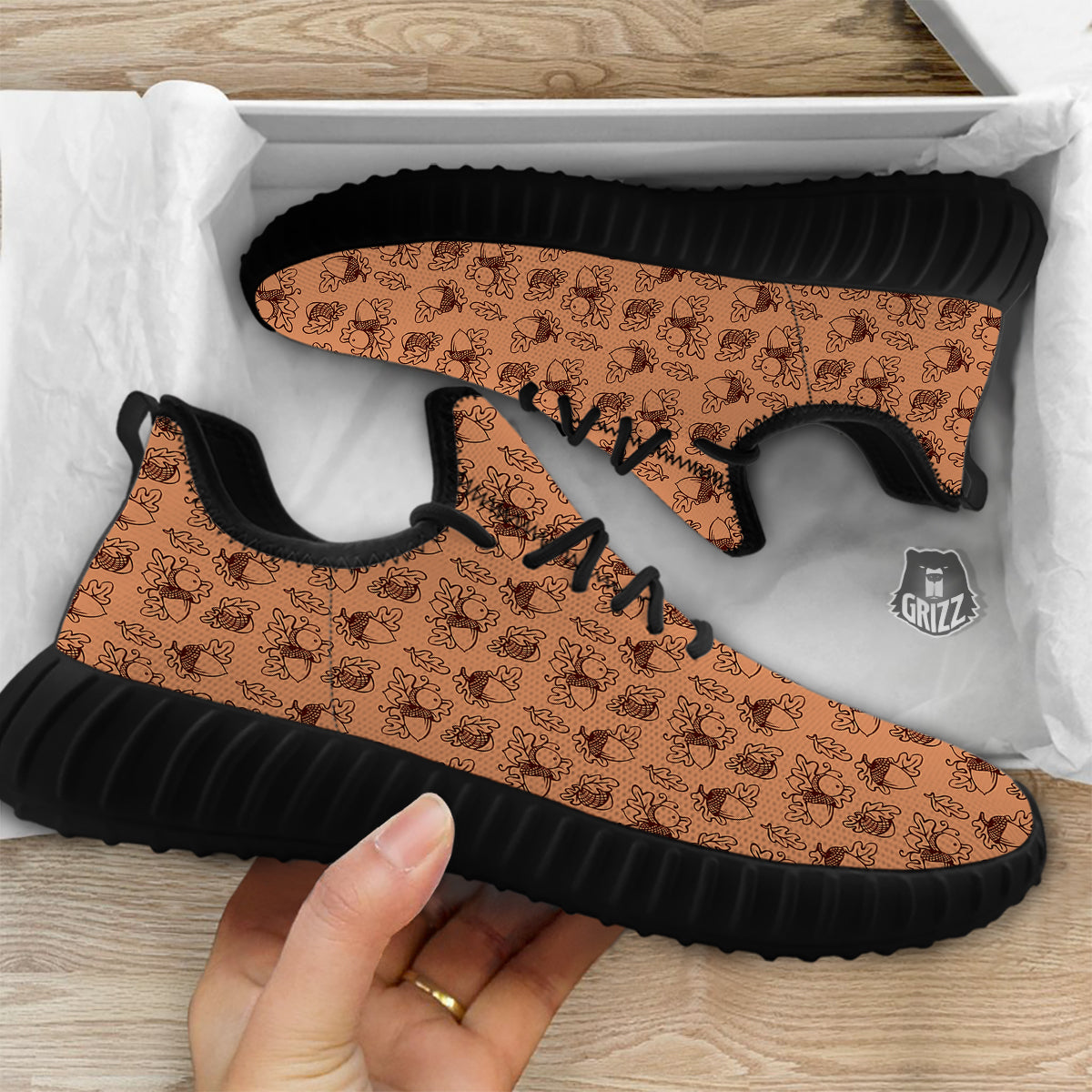 Acorn Drawing Print Pattern Black Walking Shoes-grizzshop