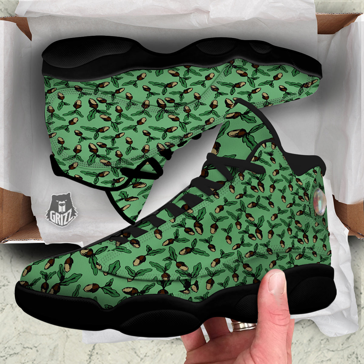 Acorn Green Print Pattern Black Basketball Shoes-grizzshop
