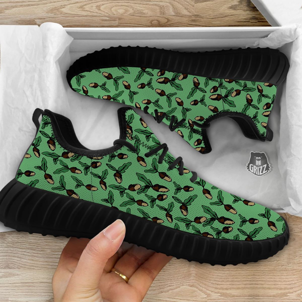 Acorn Green Print Pattern Black Walking Shoes-grizzshop