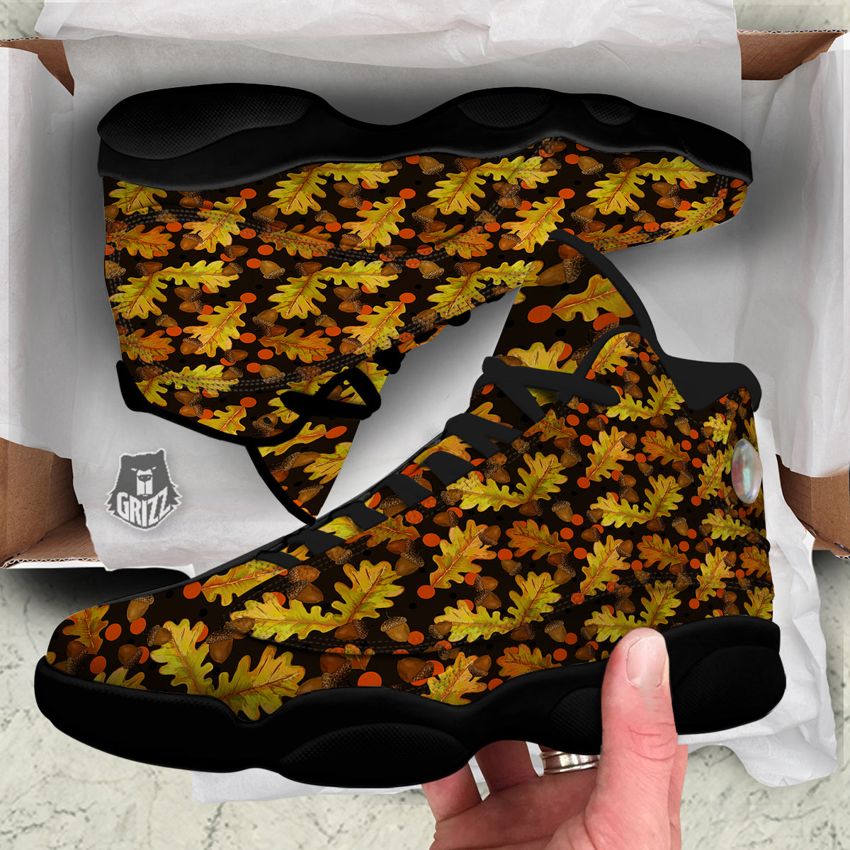 Acorn Leaf Print Pattern Black Basketball Shoes-grizzshop