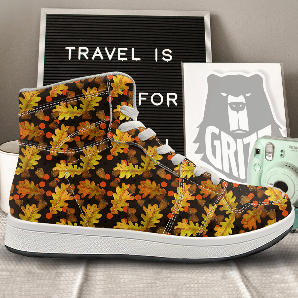 Acorn Leaf Print Pattern High Top Sneakers-grizzshop
