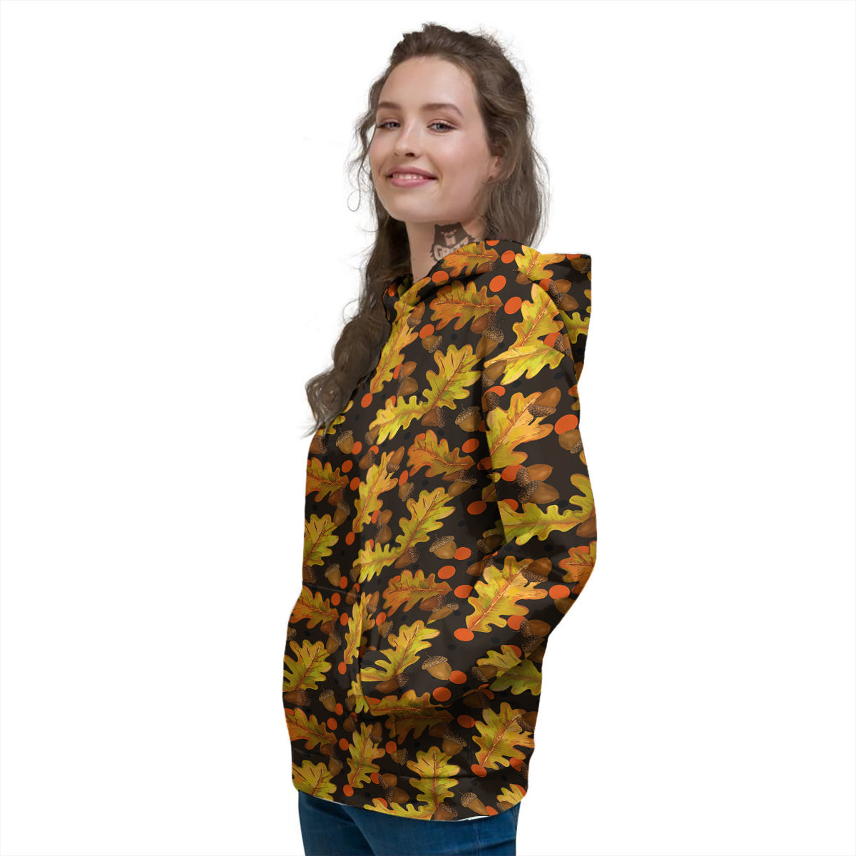 Acorn Leaf Print Pattern Women's Hoodie-grizzshop