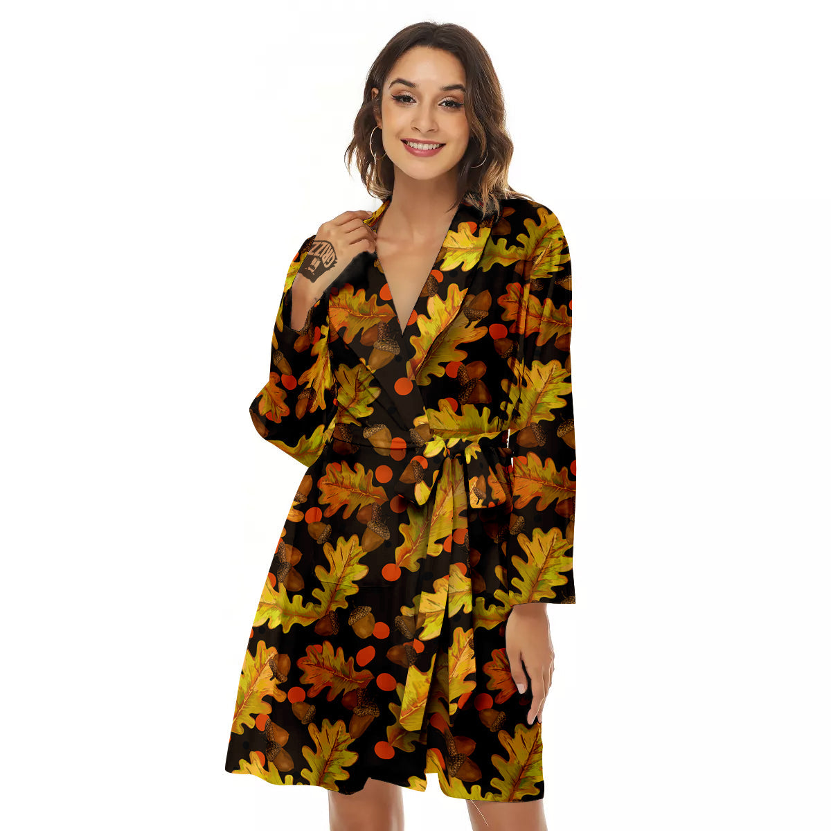 Acorn Leaf Print Pattern Women's Robe-grizzshop