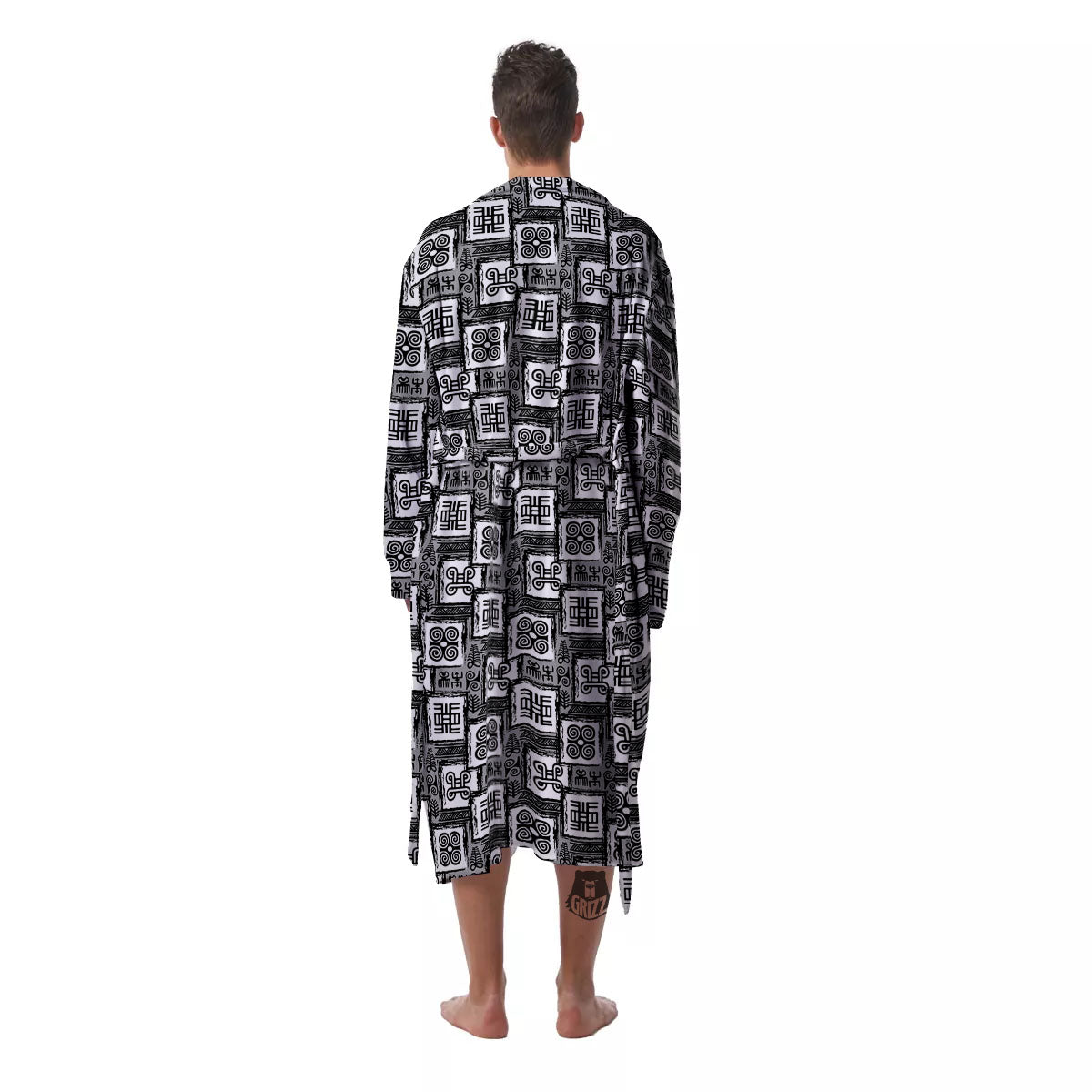 Adinkra Symbols Grey African Print Men's Robe-grizzshop