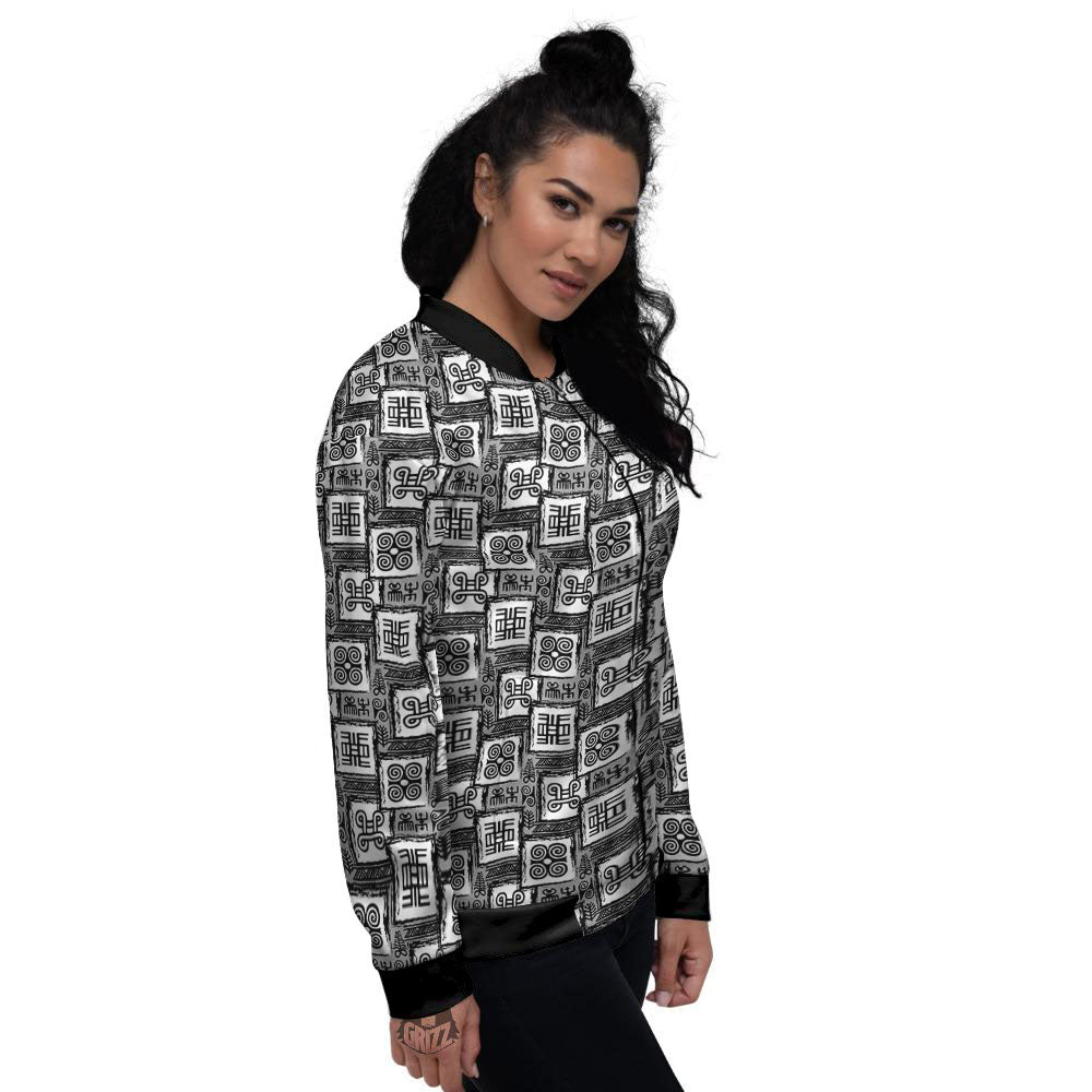 Adinkra Symbols Grey African Print Women's Bomber Jacket-grizzshop