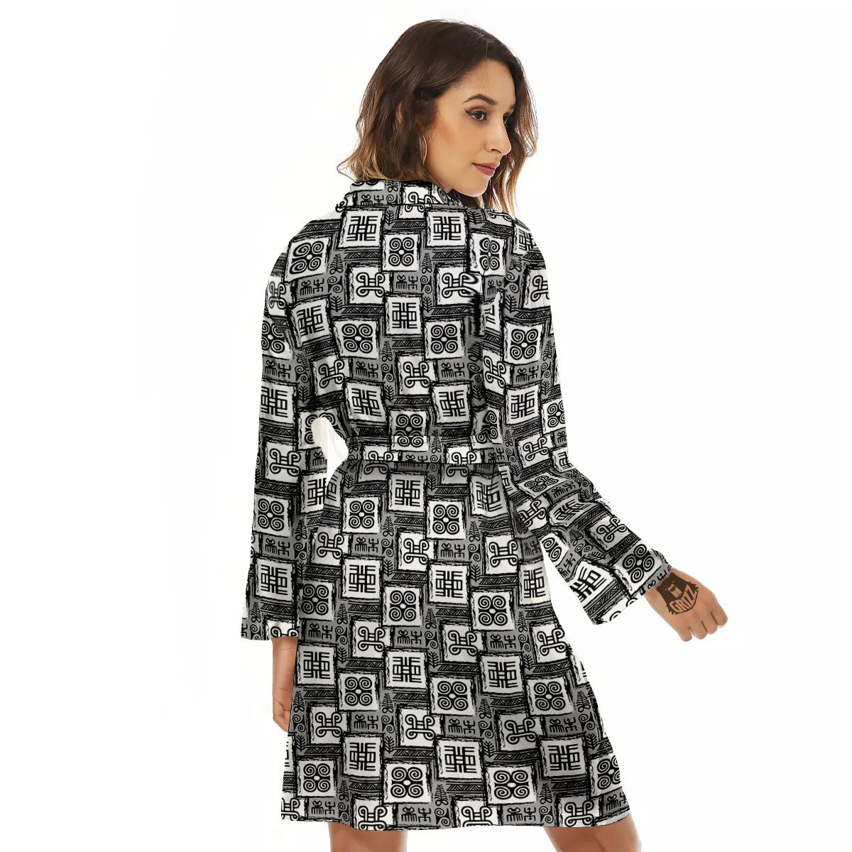Adinkra Symbols Grey African Print Women's Robe-grizzshop