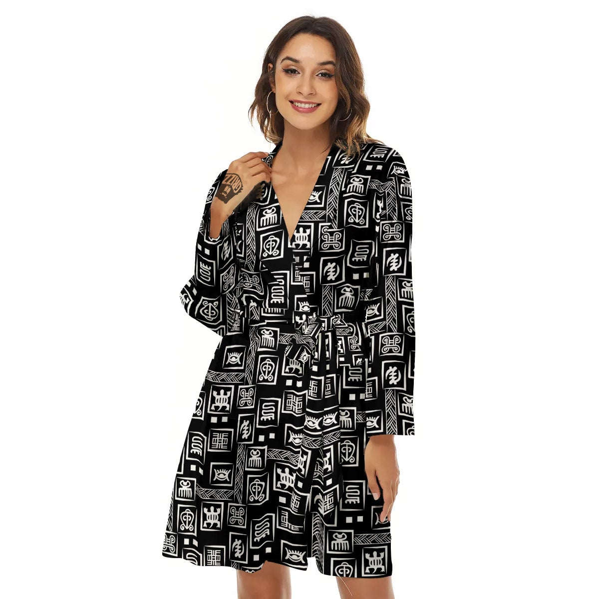 Adinkra Symbols White And Black Print Pattern Women's Robe-grizzshop